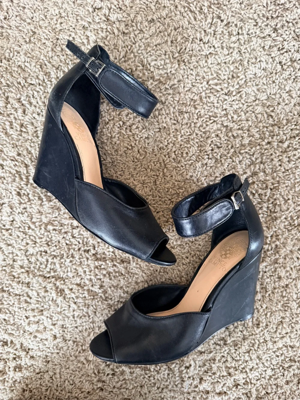 Vince Camuto Black Leather Peep-Toe Ankle-Strap Heels